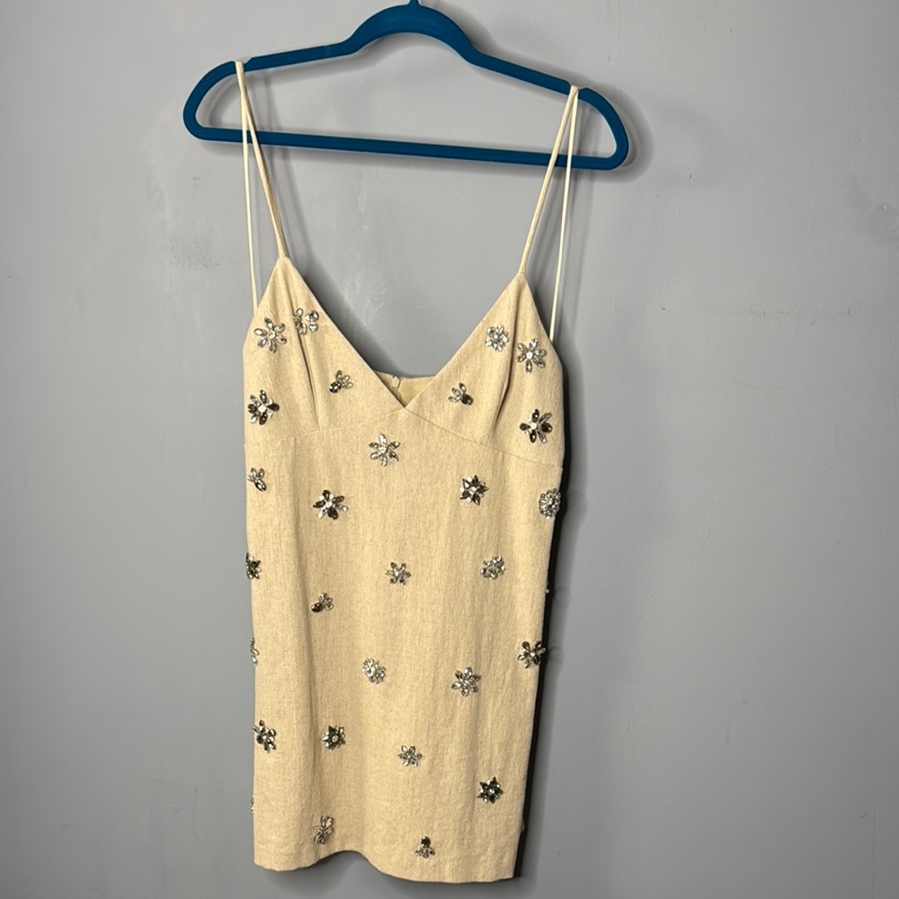 Embellished Beige Spaghetti Strap Dress